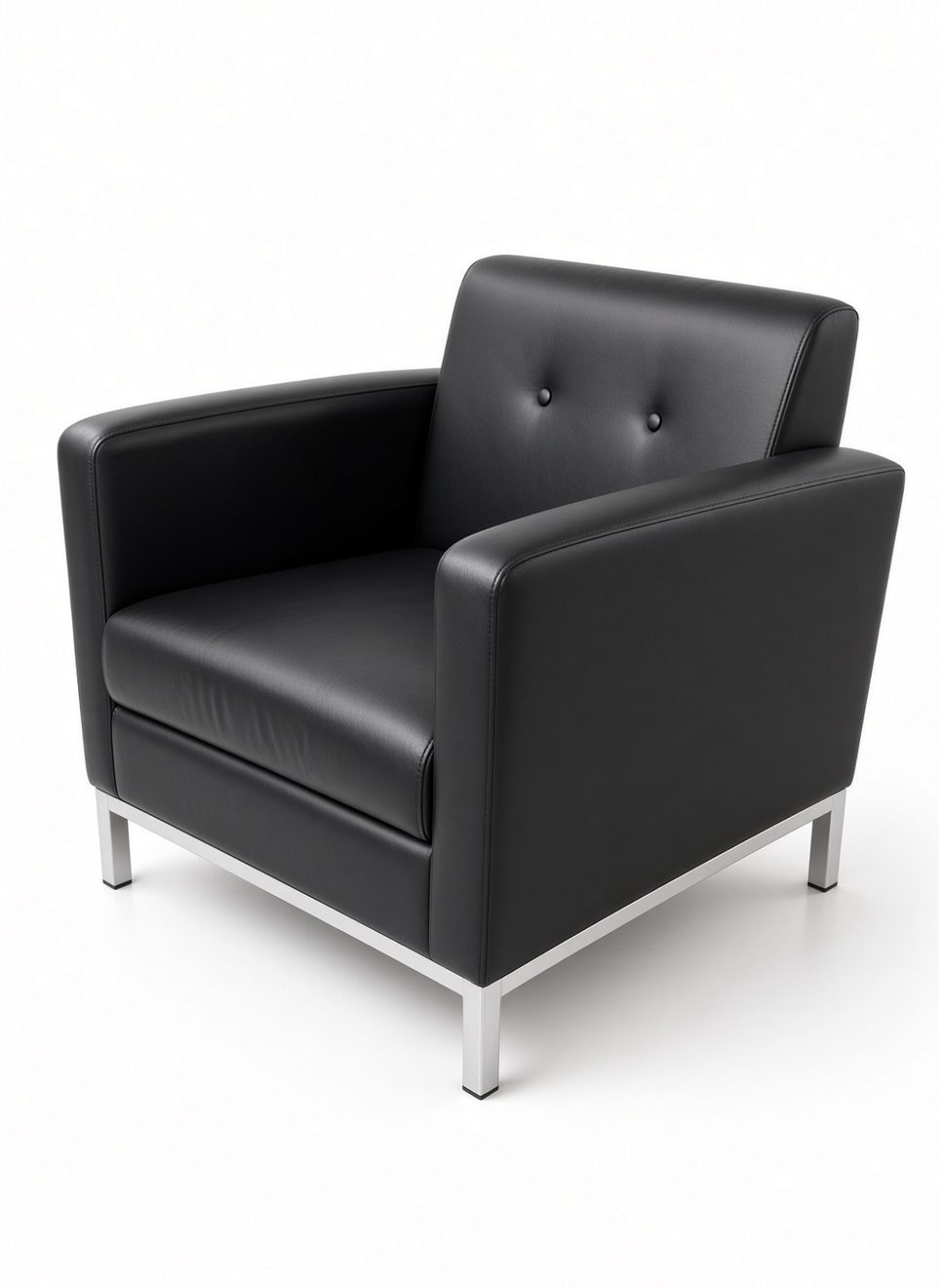 Black leather club chairs (qty 4) with button-tufted backs and brushed-steel frames, available at The Town Hall