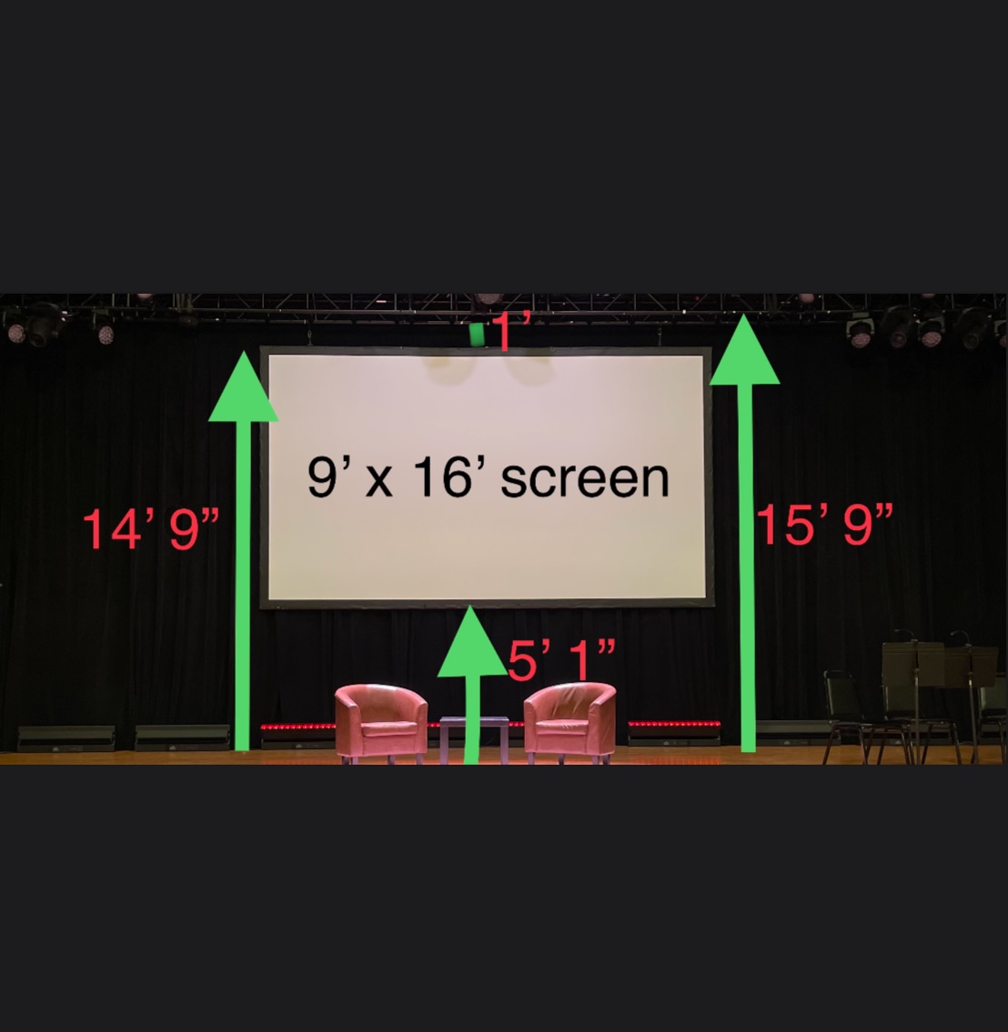 House 9 by 16 foot projection screen shown on The Town Hall stage with clearance measurements