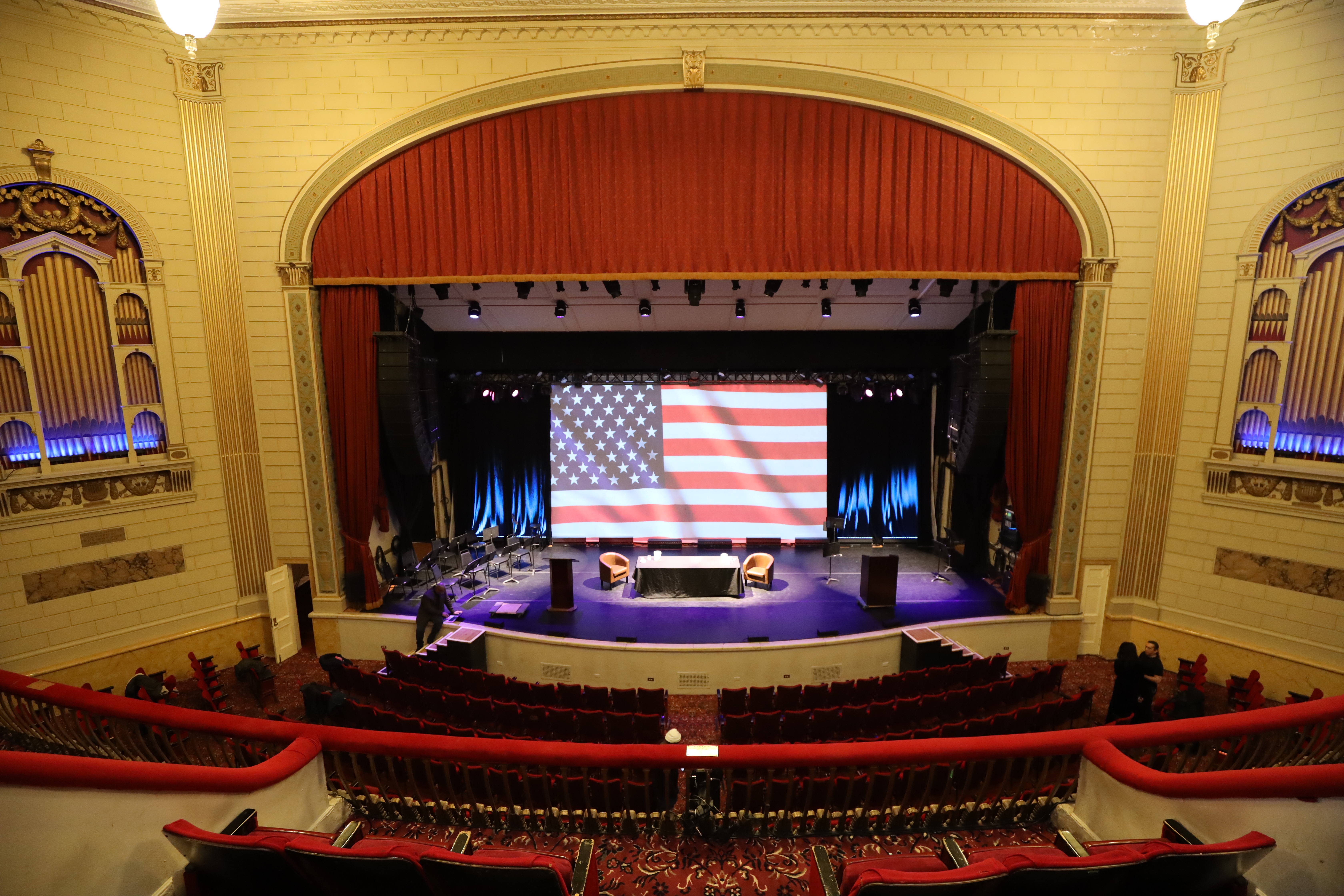 The Town Hall stage viewed from the balcony with the house scrim in use