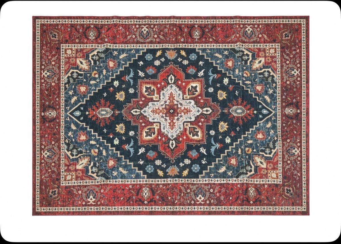 Rug 2, a red-bordered area rug with a navy field and red and white medallion, available at The Town Hall