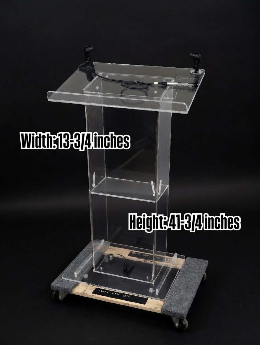 Clear acrylic lectern measuring 13 and three-quarter inches wide by 41 and three-quarter inches high