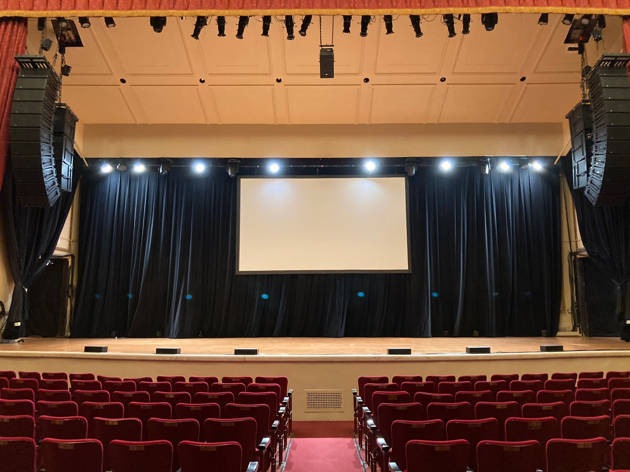 Bare Town Hall stage viewed from the auditorium